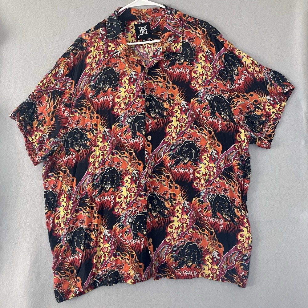 Ed Hardy Jaguar Flame Button Up Shirt Size XXL Short Sleeve Graphic Sheer